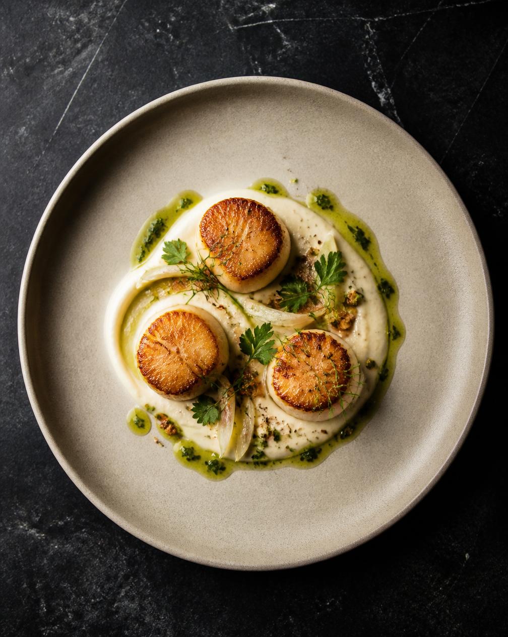 Three seared scallops on celeriac cream with herb oil, served on a pale ceramic plate