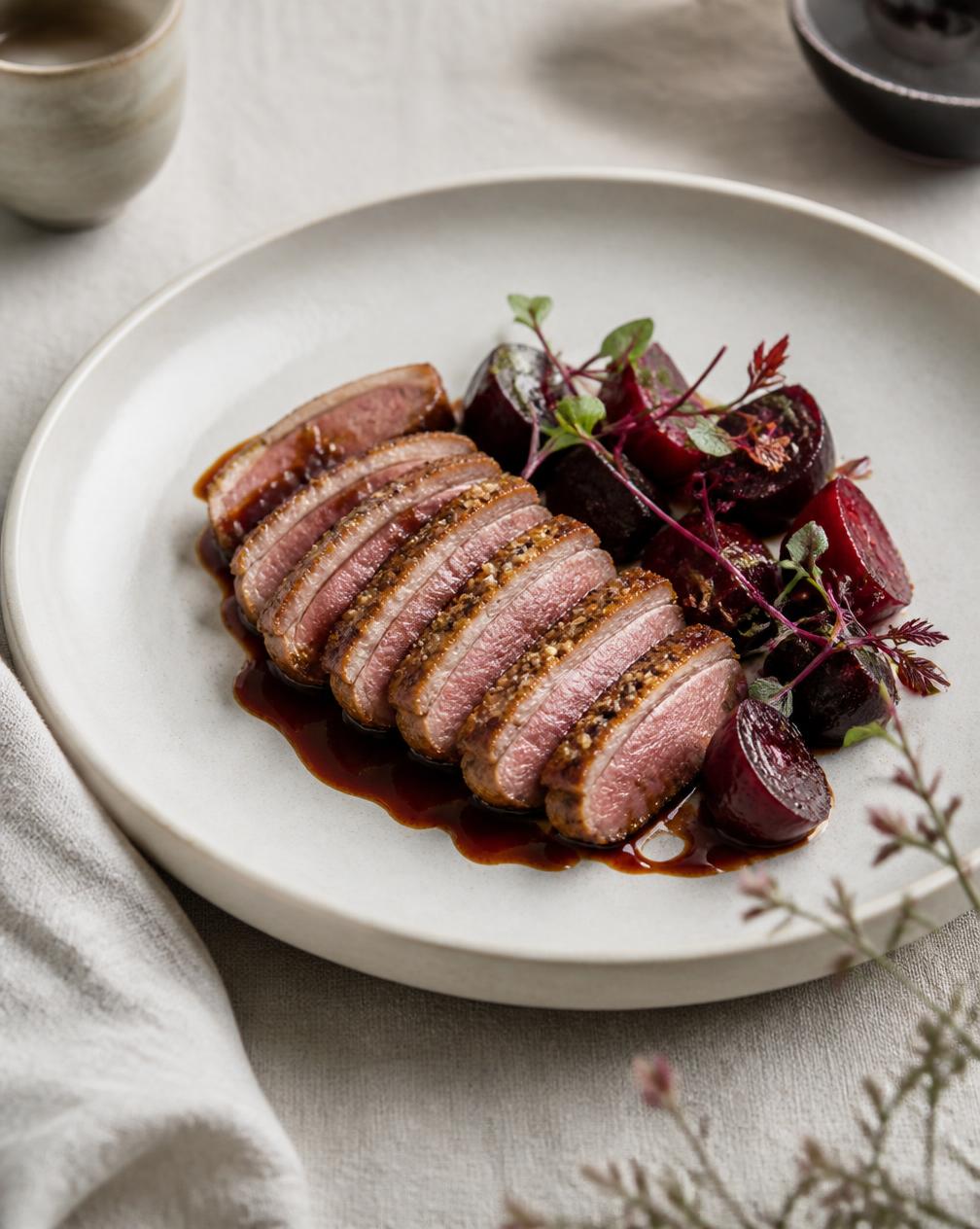Sliced pink duck breast with roasted beetroot and dark jus on a white plate