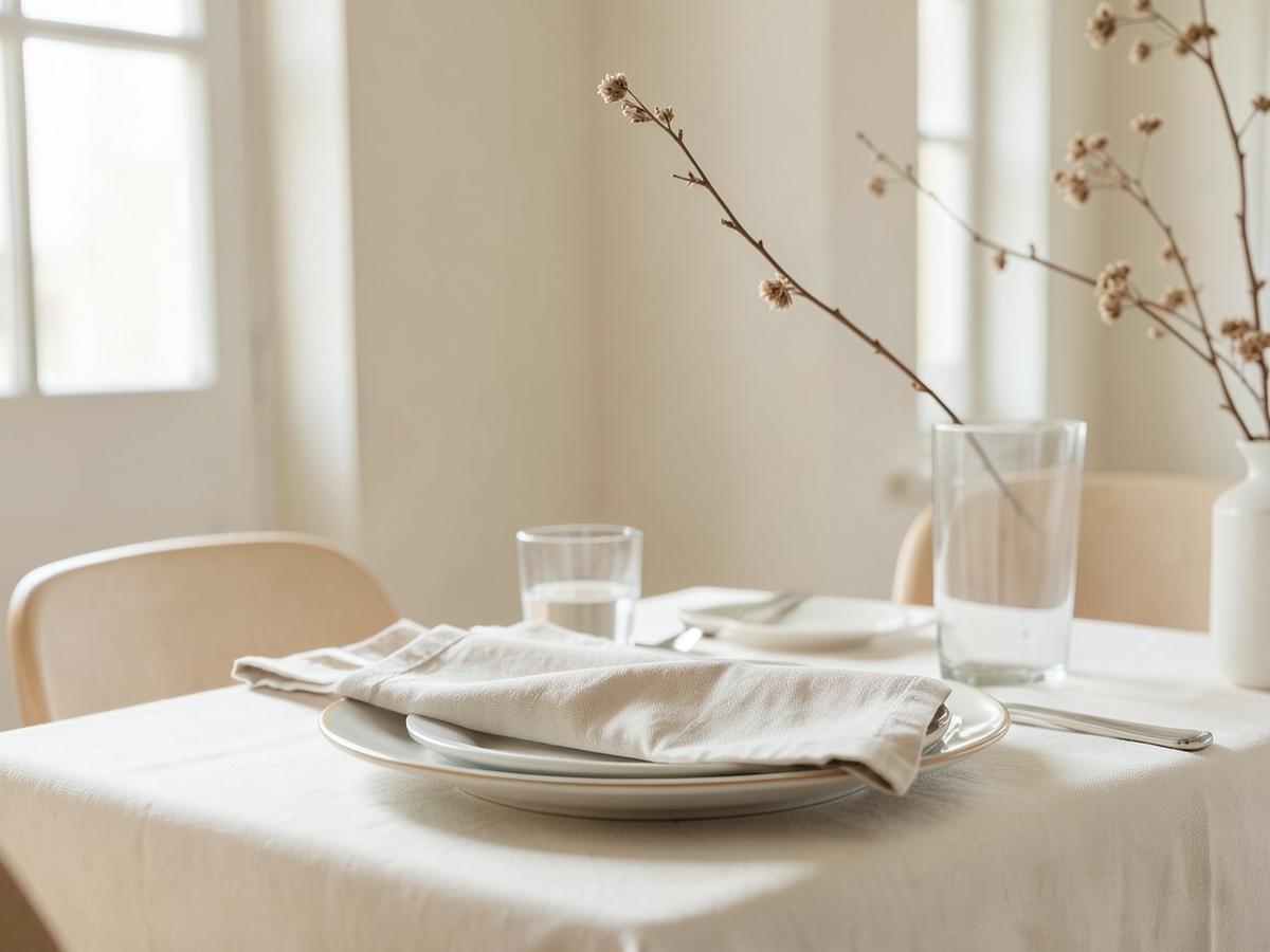 Linen napkin and ceramic tableware on a sunlit dining table