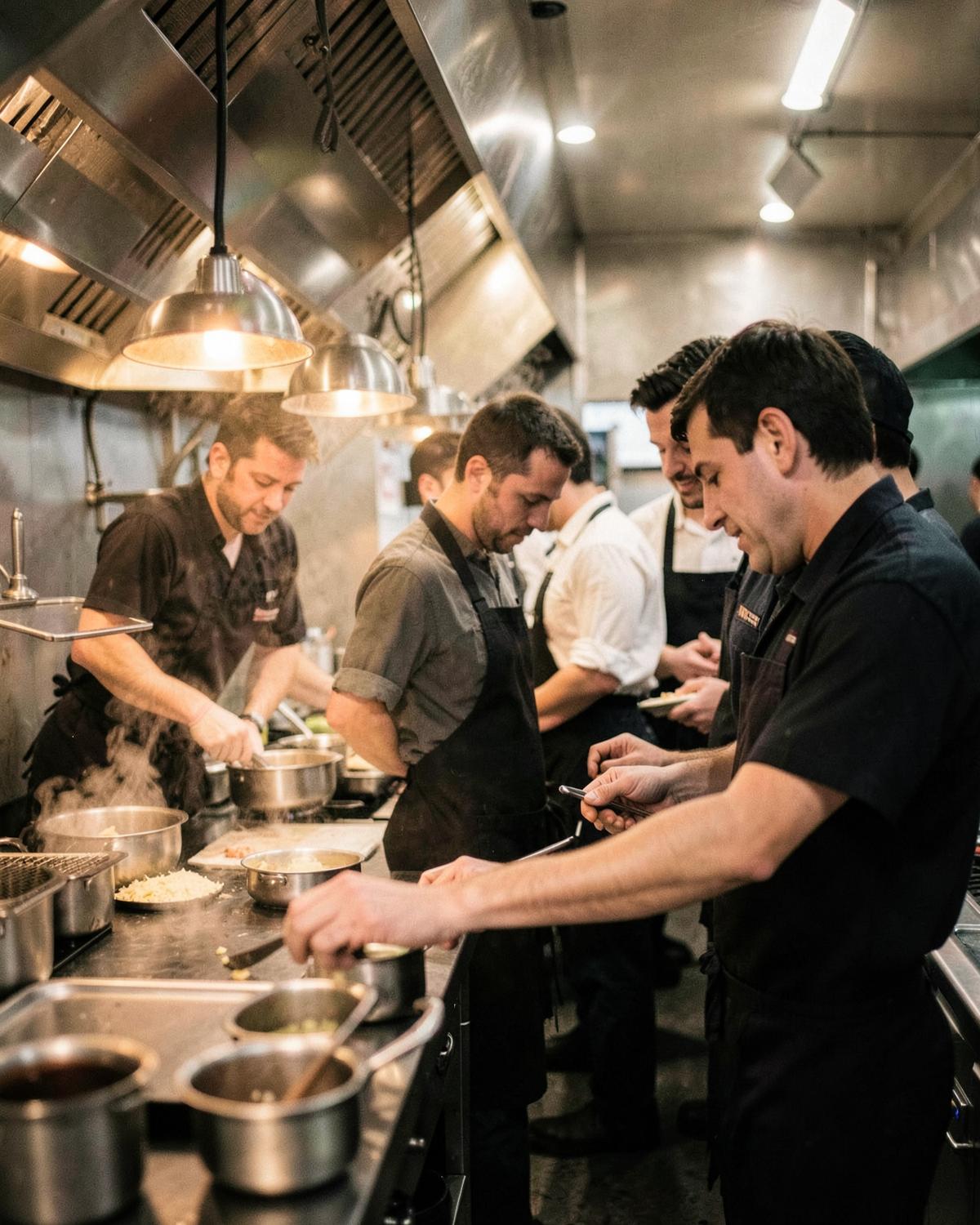 Chefs plating dishes at a busy open kitchen pass under warm lamps