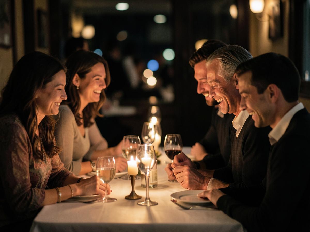 Guests laughing together at a candlelit restaurant table