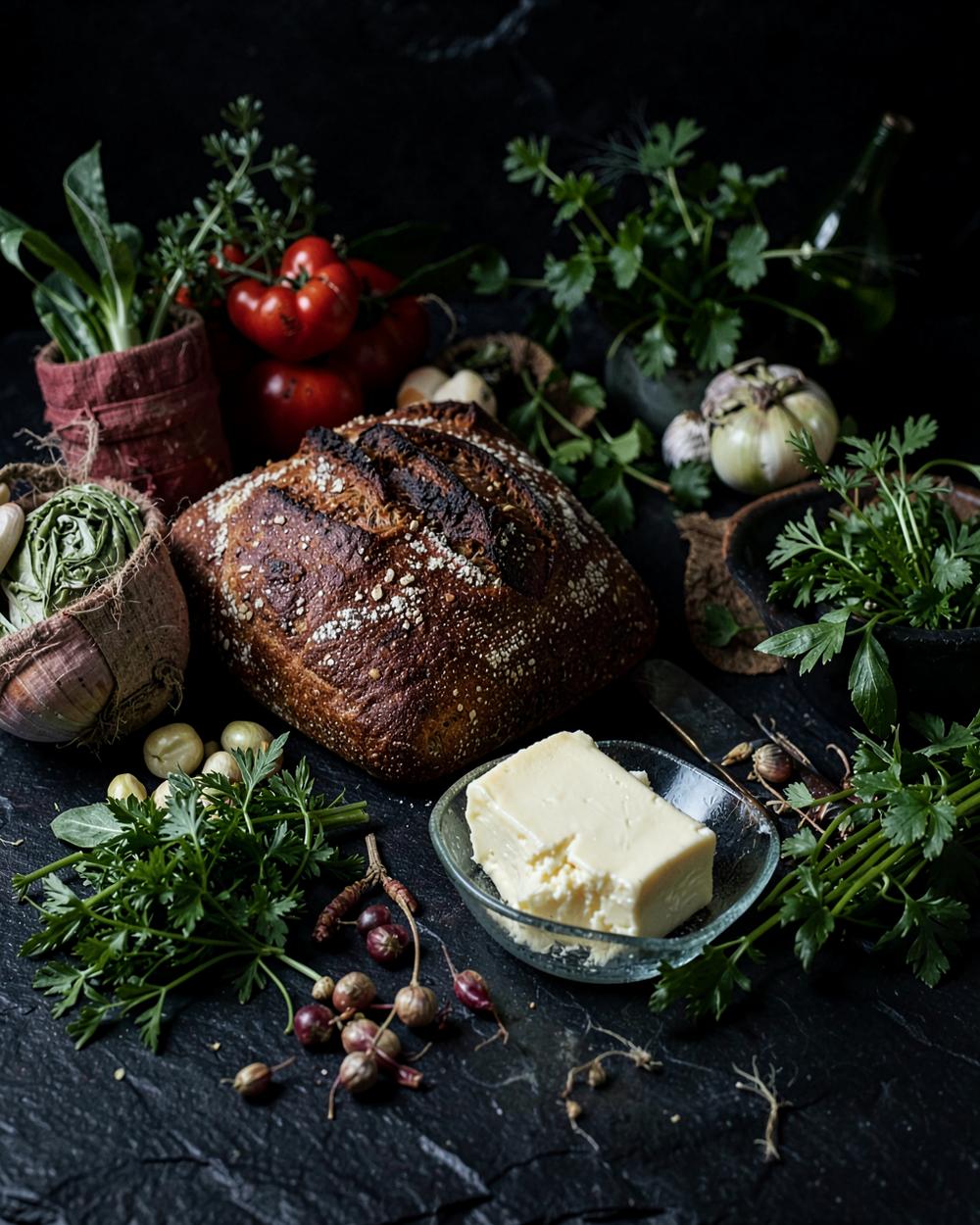 Seasonal produce, herbs, sourdough and cultured butter on dark stone